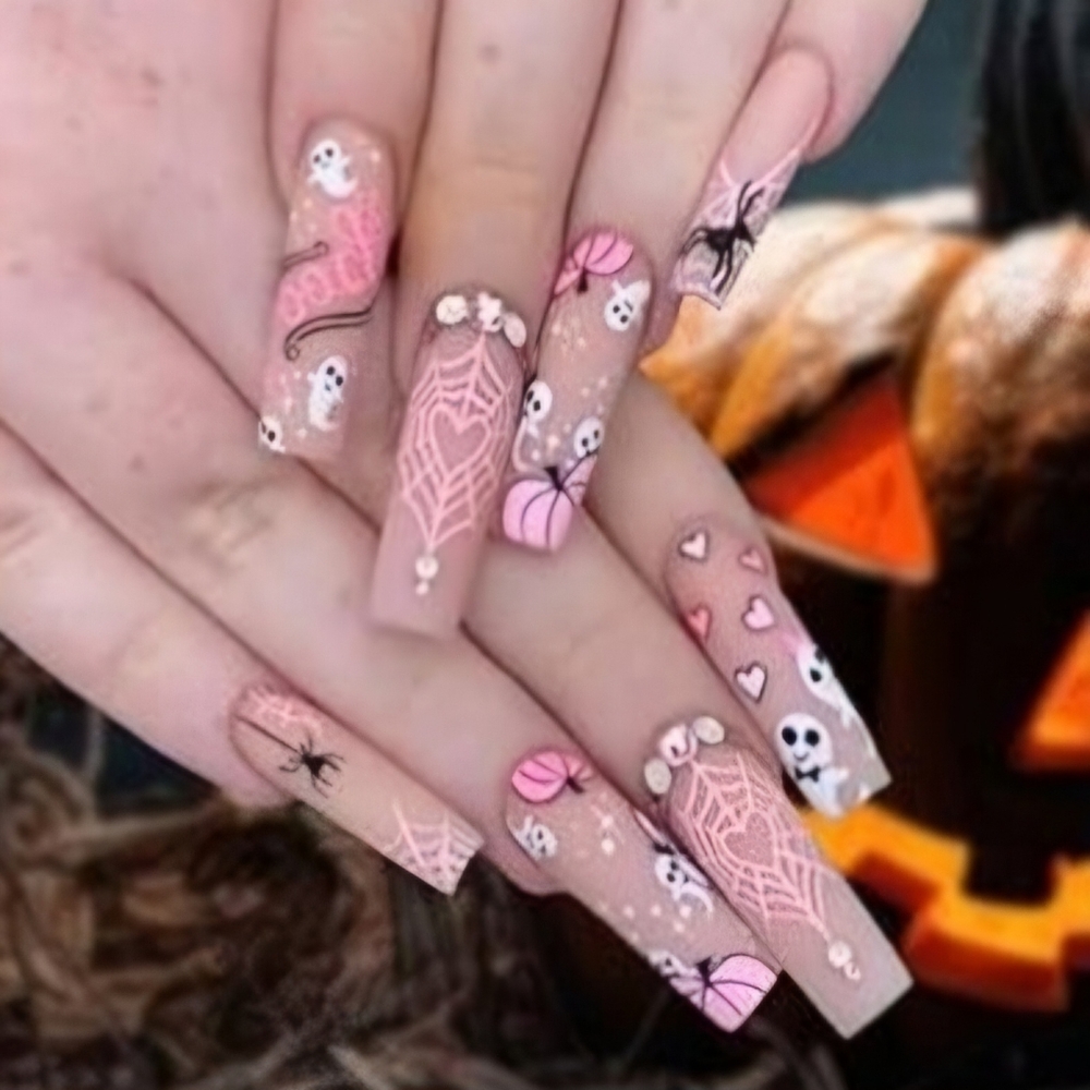 24 Pcs Press On Nails Long Coffin Halloween Matte Pink Ghosts Spiders Pumpkins